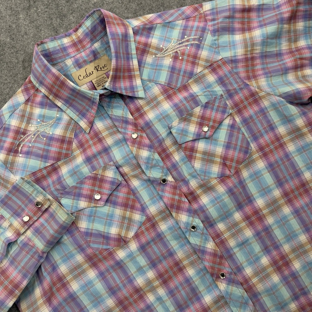 Cedar Rose Womens Western Plaid Front Shirt XL Pearl Snaps Embroidered Pockets